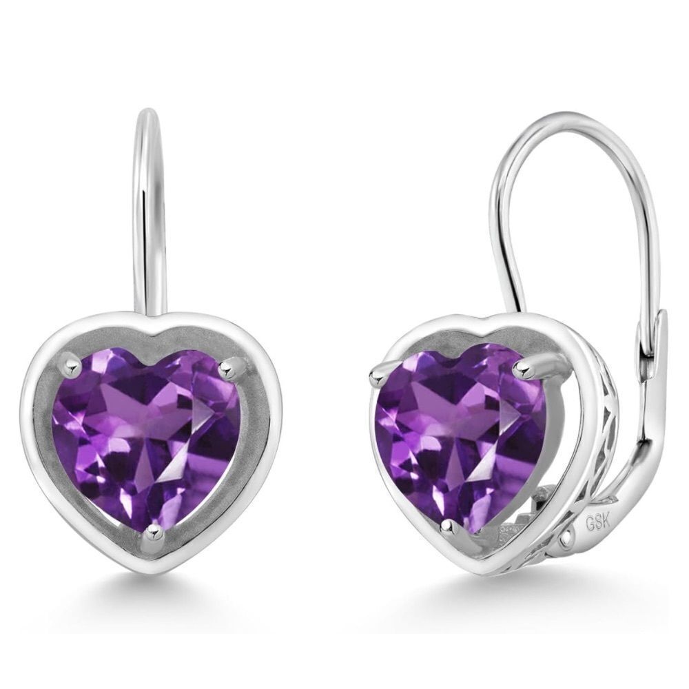 925 Sterling Silver with 1.80 Cttw 7MM Amethyst Heart Leverback Drop Earrings
